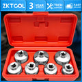 7-piece oil filter cap socket set, 24-38 mm, in red storage case with all sockets in place | Wrench Haus