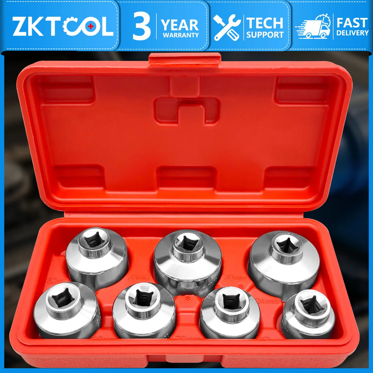 7-piece oil filter cap socket set, 24-38 mm, in red storage case with all sockets in place | Wrench Haus