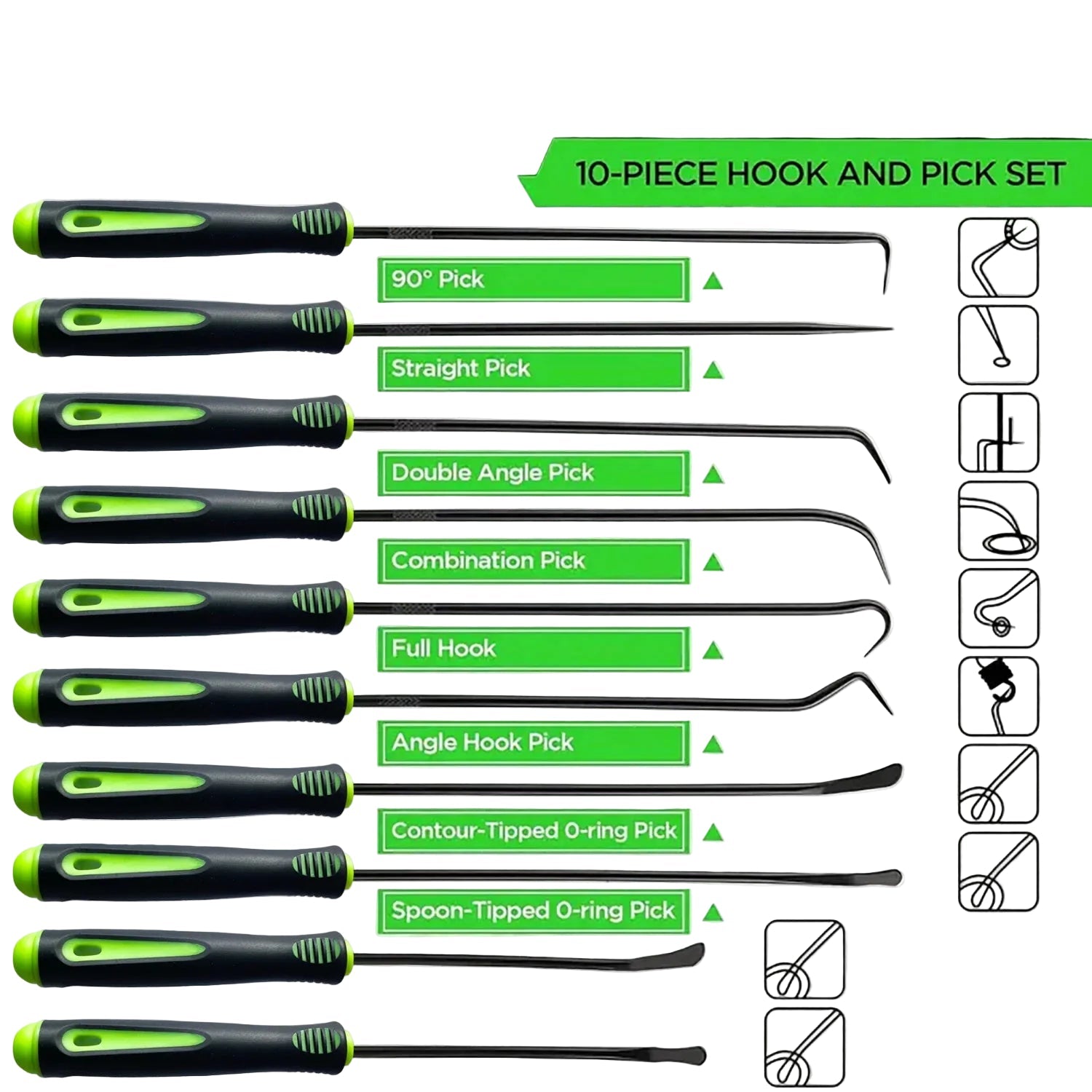 10-Piece Hook & Pick Tool Set - Spec sheet showing all 10 hook and pick tool profiles including straight, curved and 90 degree tips | Wrench Haus