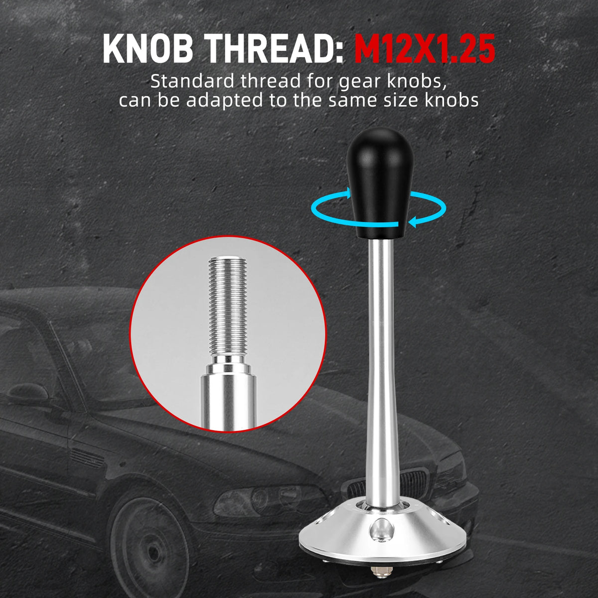 Adjustable short shifter kit with knob, M12x1.25 thread close-up | Wrench Haus