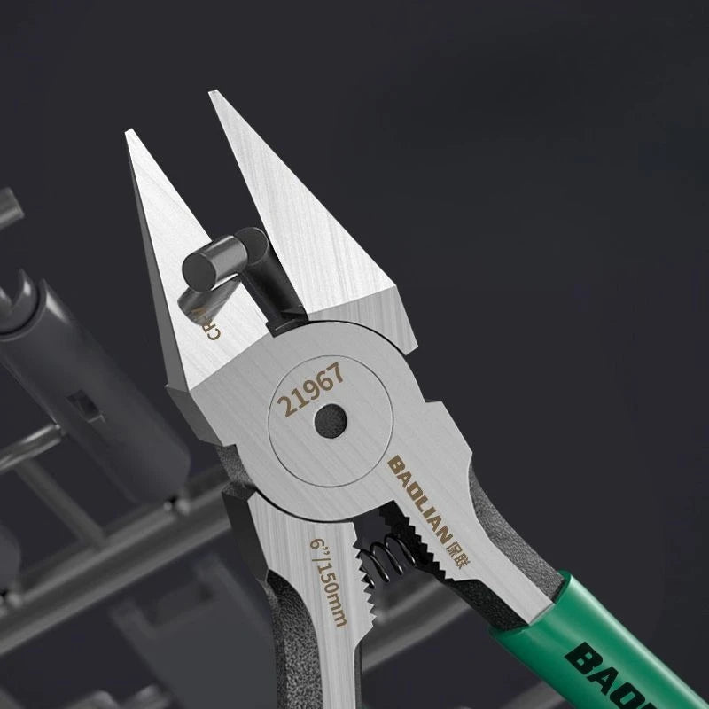 Industrial Sharp Diagonal Cutting Pliers - Close-up of sharp diagonal cutting jaw tip showing precision ground edge and Baolian branding | Wrench Haus