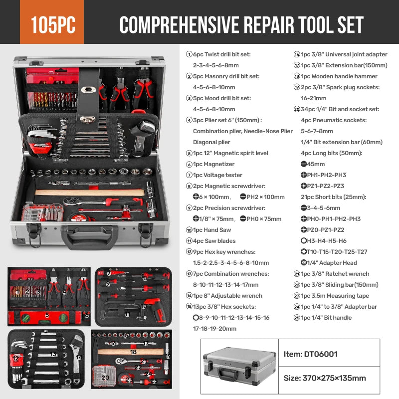 10591-Piece Professional Tool Set - "165PC Comprehensive Repair Tool Set" contents infographic showing all included tools with case image | Wrench Haus