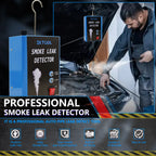 Smoke leak detector hung under a car hood while a mechanic tests for leaks, with feature icons | Wrench Haus