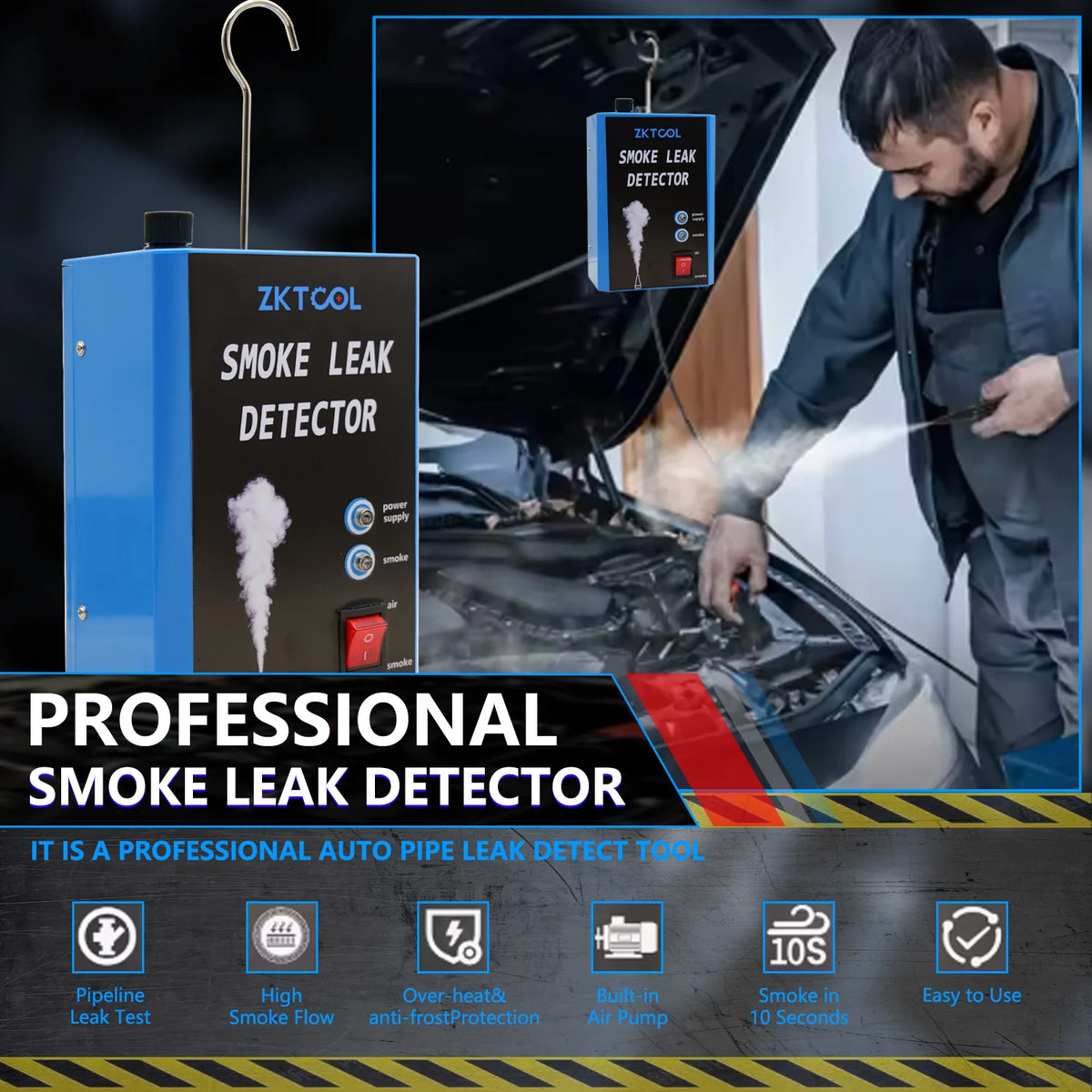 Smoke leak detector hung under a car hood while a mechanic tests for leaks, with feature icons | Wrench Haus
