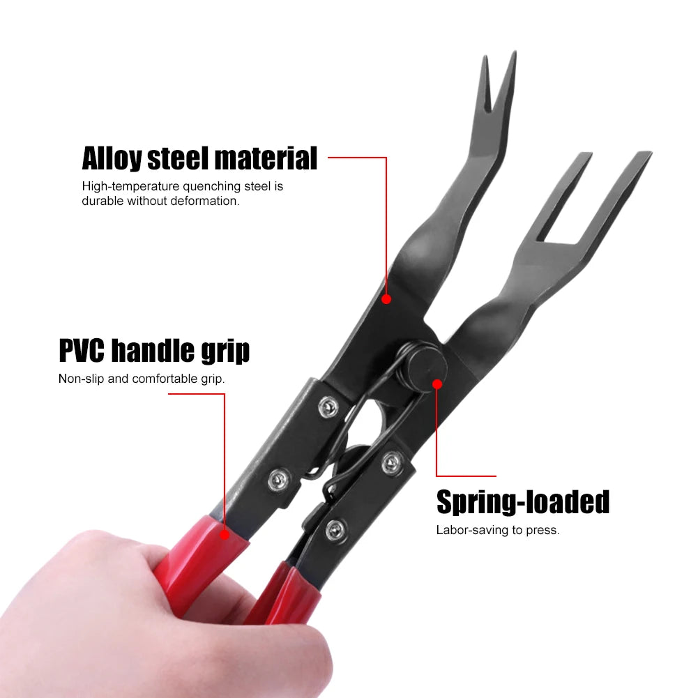 Trim clip pliers held in hand with alloy steel, PVC grip and spring-loaded callouts | Wrench Haus