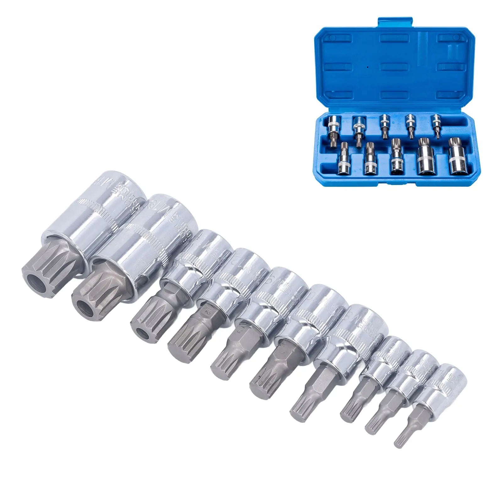 10-Piece XZN Triple Square Spline Bit Socket Set — M4 to M18, 1/4", 3/8" & 1/2" Drive