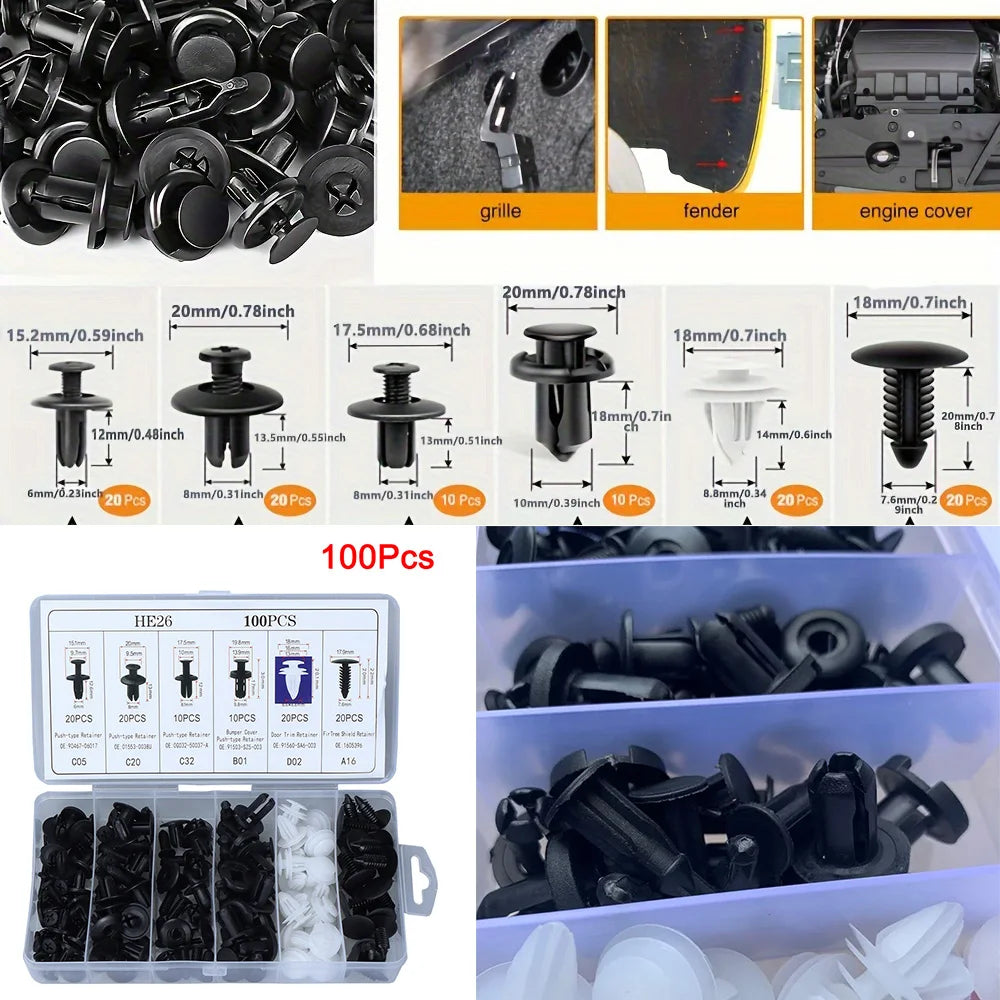 Push retainer clip kit collage with size chart, grille, fender and engine cover uses | Wrench Haus