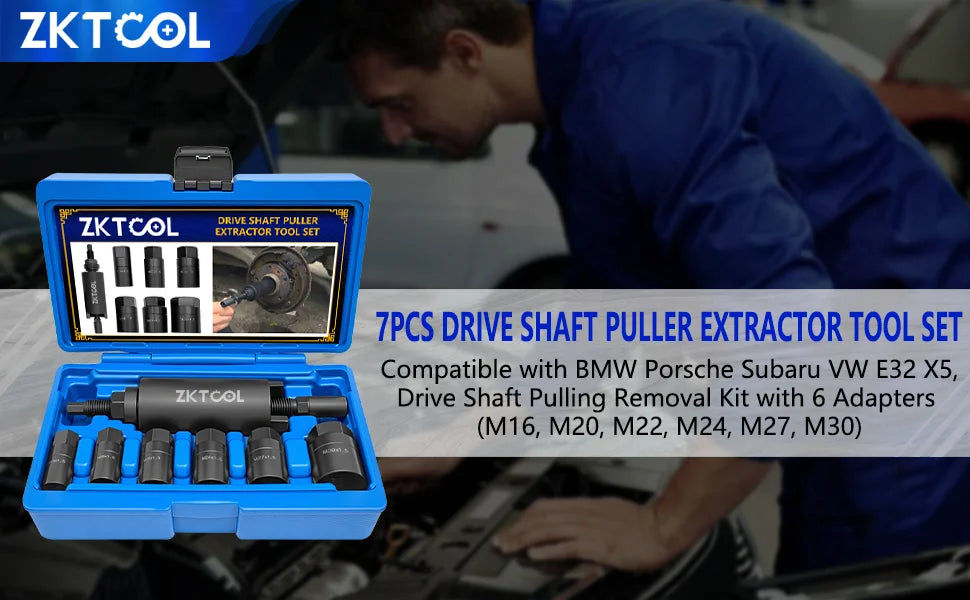 7-piece drive shaft puller set for BMW E32 and X5 in case with mechanic in background | Wrench Haus