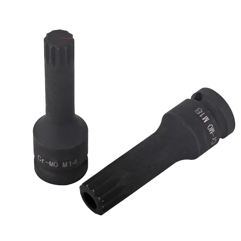 6-Piece Spline Socket Wrench Set M14-M18 1/2" Drive - Close-up of two spline sockets showing size markings and drive profile detail | Wrench Haus