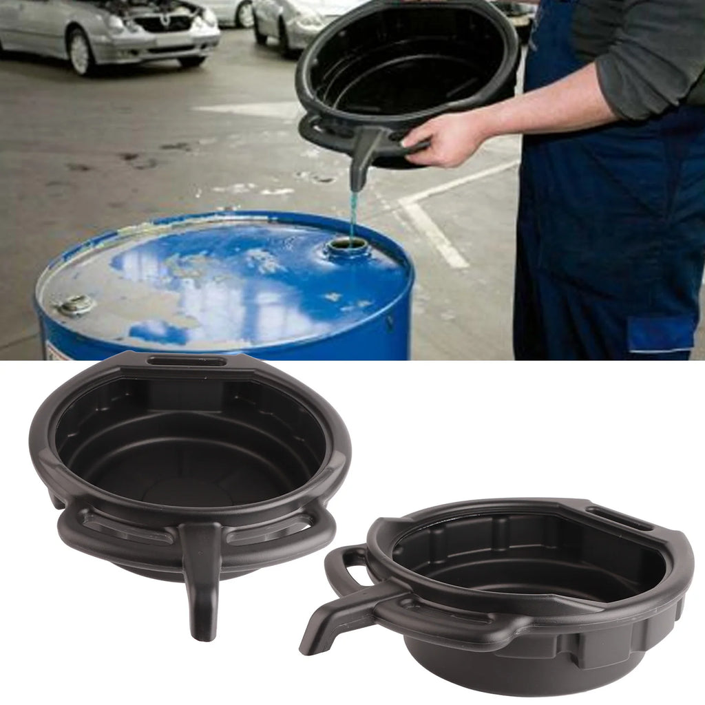 7.5L Oil Drain Pan - In-use shot showing used engine oil draining into pan during oil change | Wrench Haus