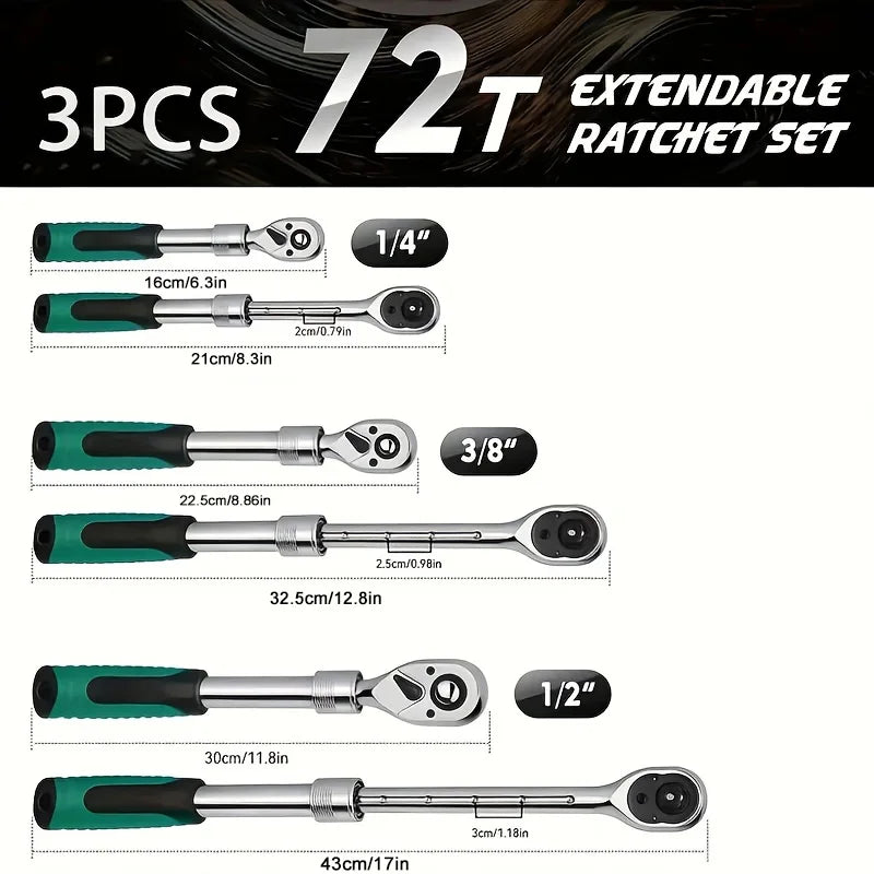 Retractable Ratchet Set 3pc 72T - 1/4 3/8 1/2 Inch Drive Extendable Green Handle | Wrench Haus