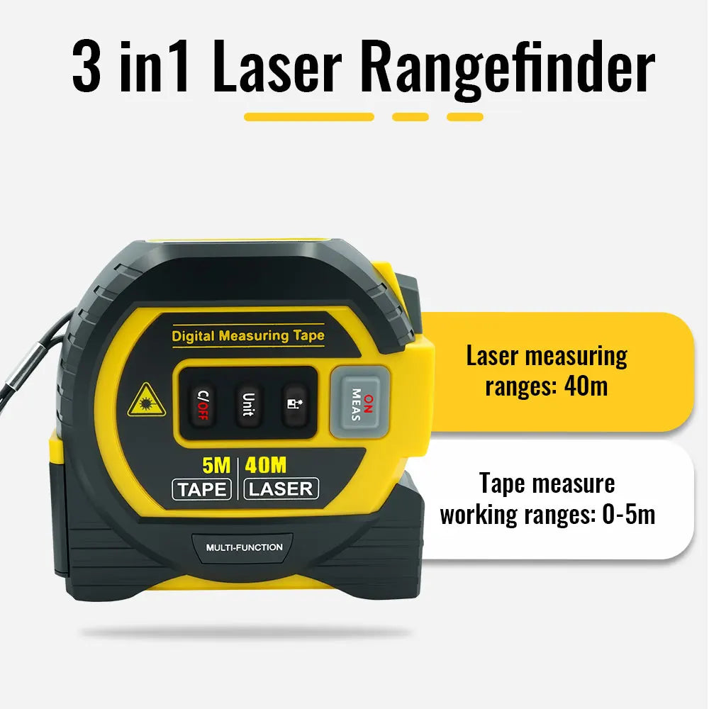 3-in-1 Laser Rangefinder Digital Tape Measure - Angled view with 60m laser and 8-5m tape measure range callouts | Wrench Haus