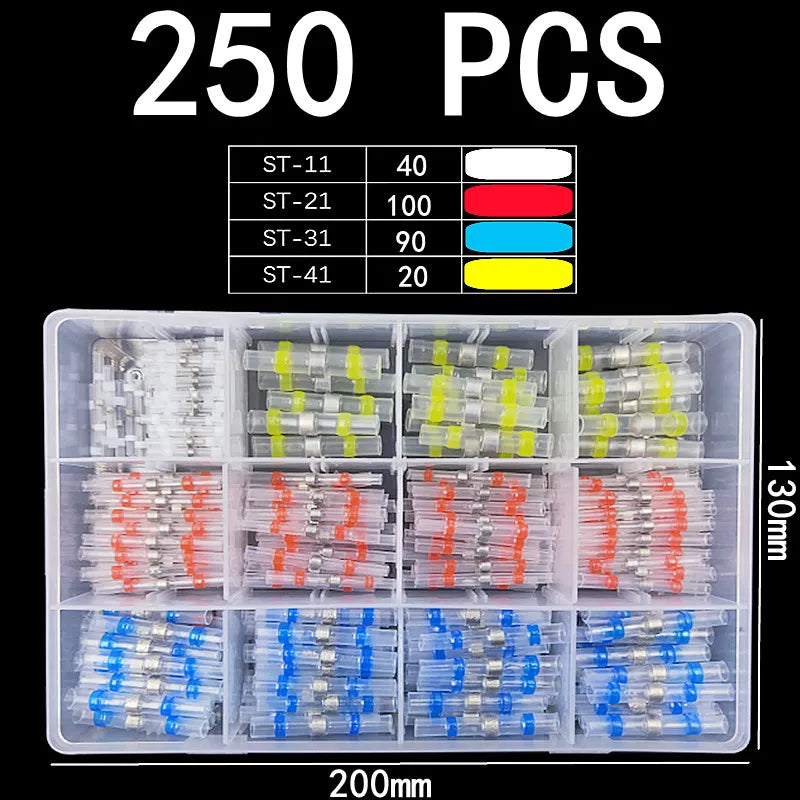 IP67 Waterproof Heat Shrink Wire Connector Terminals - 100-piece assorted heat shrink terminal bag showing quantity breakdown by wire gauge size | Wrench Haus