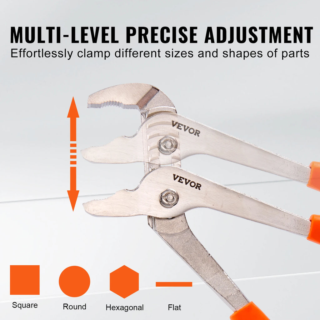 8-Piece Professional Pliers & Wrench Set - Multi-level precise adjustment callout showing adjustable wrench jaw positions for square round and flat fasteners | Wrench Haus
