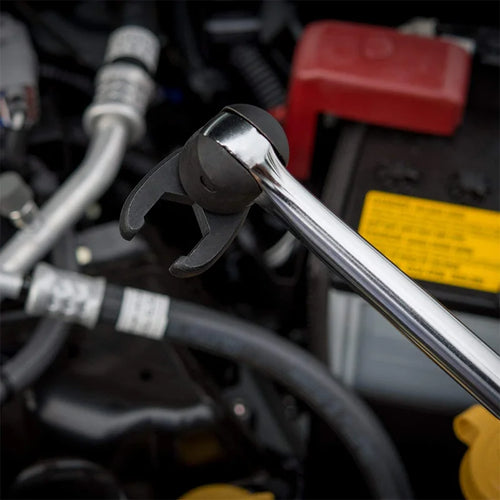 Crowfoot wrench attached to a ratchet handle