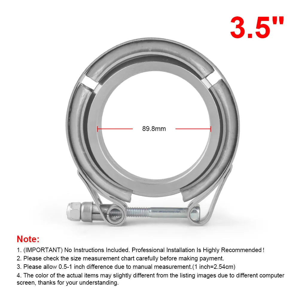 3.5 inch stainless V-band clamp front view with 89.8mm inner diameter marked | Wrench Haus