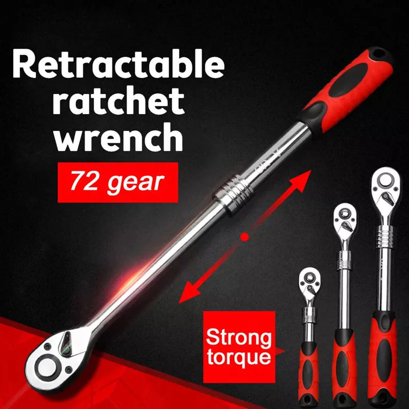 Quick-Release Retractable Ratchet Wrench Set - "Retractable Ratchet Wrench 72 Gear Strong Torque" hero graphic showing extended and compact wrench positions on red background | Wrench Haus