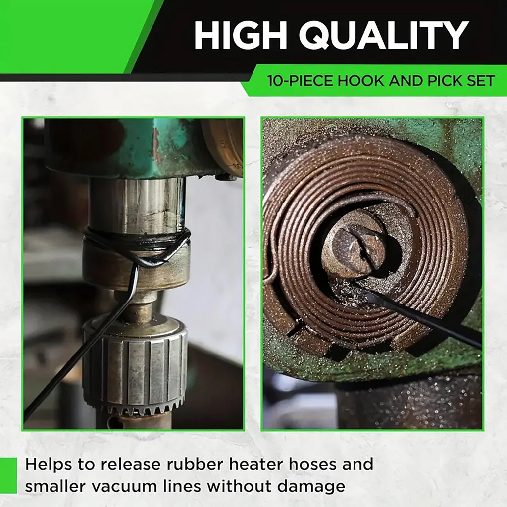 10-Piece Hook & Pick Tool Set - High quality callout showing hook pick removing rubber hose and vacuum line without damage | Wrench Haus