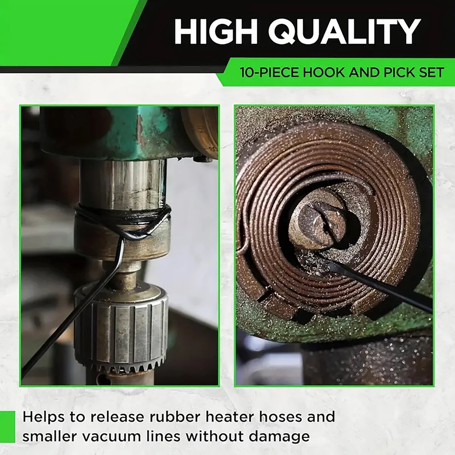 10-Piece Hook & Pick Tool Set - High quality callout showing hook pick removing rubber hose and vacuum line without damage | Wrench Haus