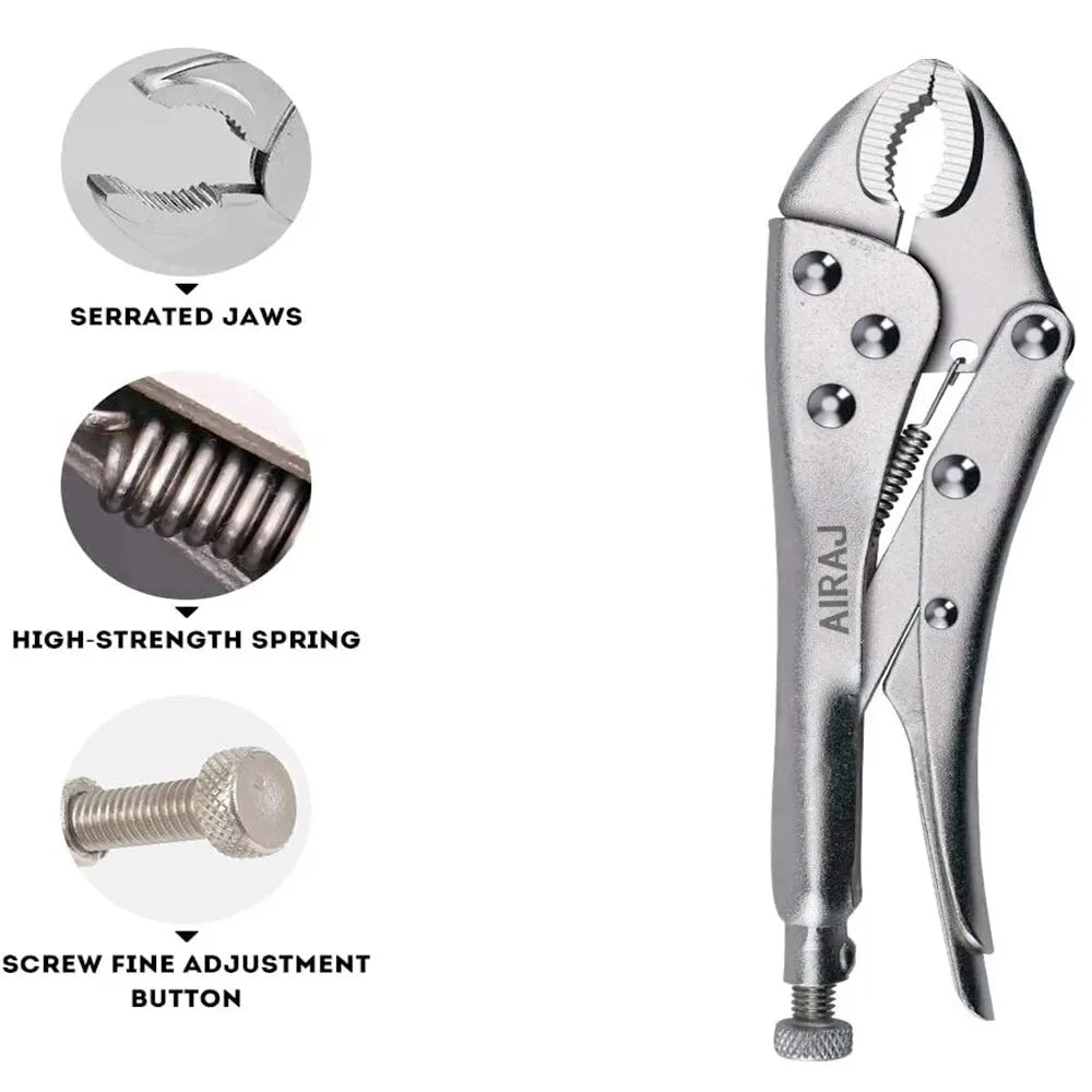 7" Locking Pliers - Feature callout showing serrated jaws, high-strength spring mechanism, and screw-for-adjustment detail | Wrench Haus