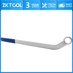 BMW idler belt wrench 2365291 with blue grip, horizontal side view showing the bent ring end | Wrench Haus