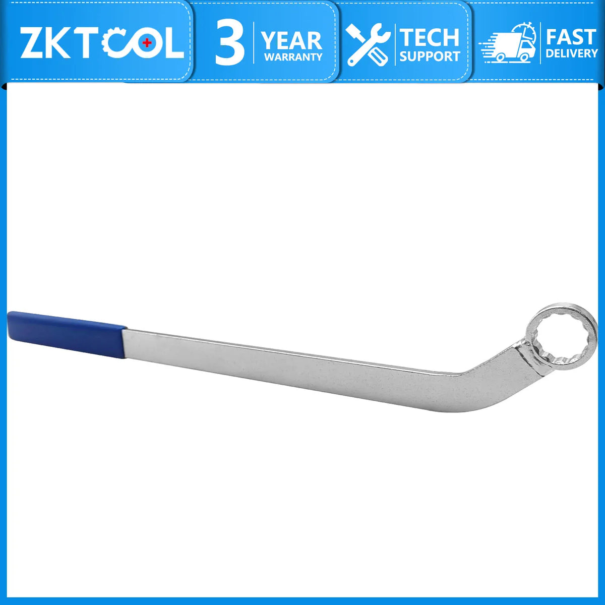 BMW idler belt wrench 2365291 with blue grip, horizontal side view showing the bent ring end | Wrench Haus