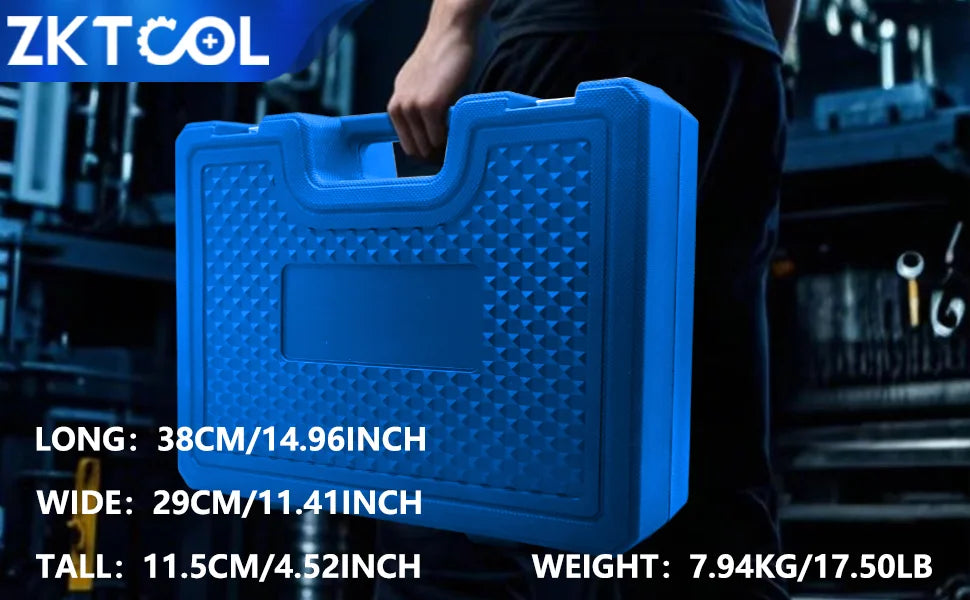 Mechanic carrying the closed blue case of the injector puller kit, 38x29x11.5 cm and 7.94 kg | Wrench Haus