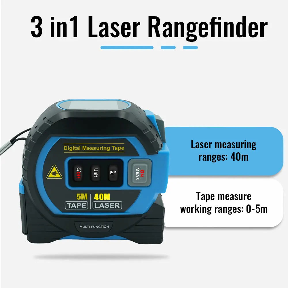 3-in-1 Laser Rangefinder - Front view with callouts showing 40m laser measuring range and 3-5m tape measure working range | Wrench Haus