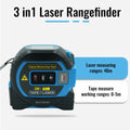 3-in-1 Laser Rangefinder - Front view with callouts showing 40m laser measuring range and 3-5m tape measure working range | Wrench Haus
