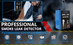 Smoke leak detector hanging from its hook beside a mechanic under the hood, with icon row below | Wrench Haus