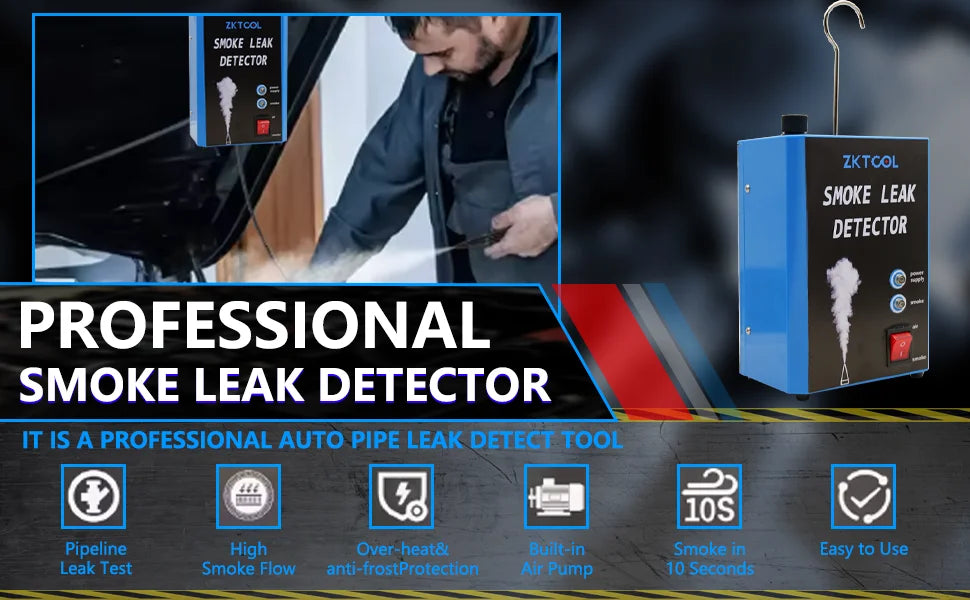Smoke leak detector hanging from its hook beside a mechanic under the hood, with icon row below | Wrench Haus