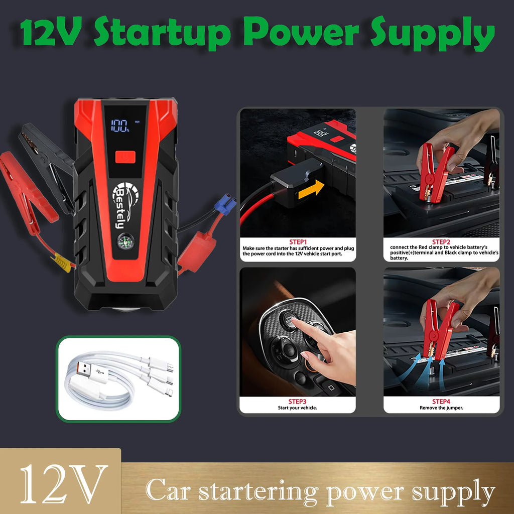 Jump starter clamps connected to car battery