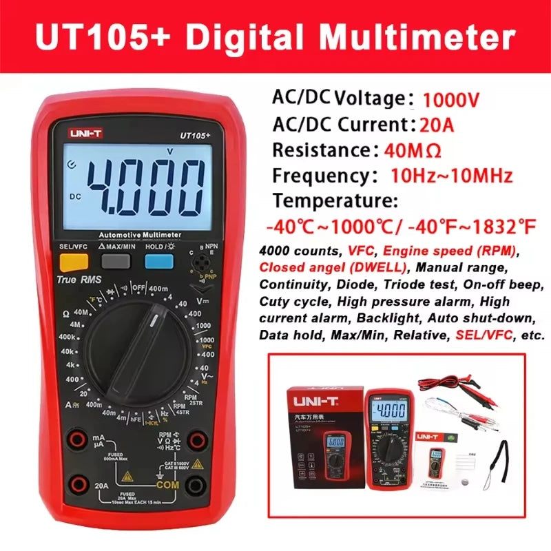 UNI-T UT105+/UT107+ Automotive Multimeter - Tach, RPM & Dwell Testing