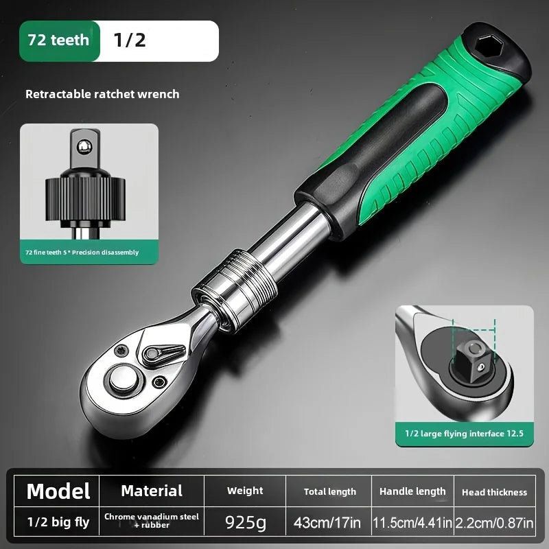 Retractable Ratchet 1/4 Inch Drive 72T - Extendable Green Handle Quick Release | Wrench Haus