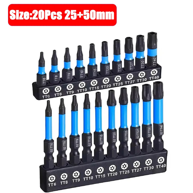 Impact Torx Screwdriver Bit Set - 20-piece mixed 25mm and 50mm Torx bit pack shown in magnetic holder | Wrench Haus