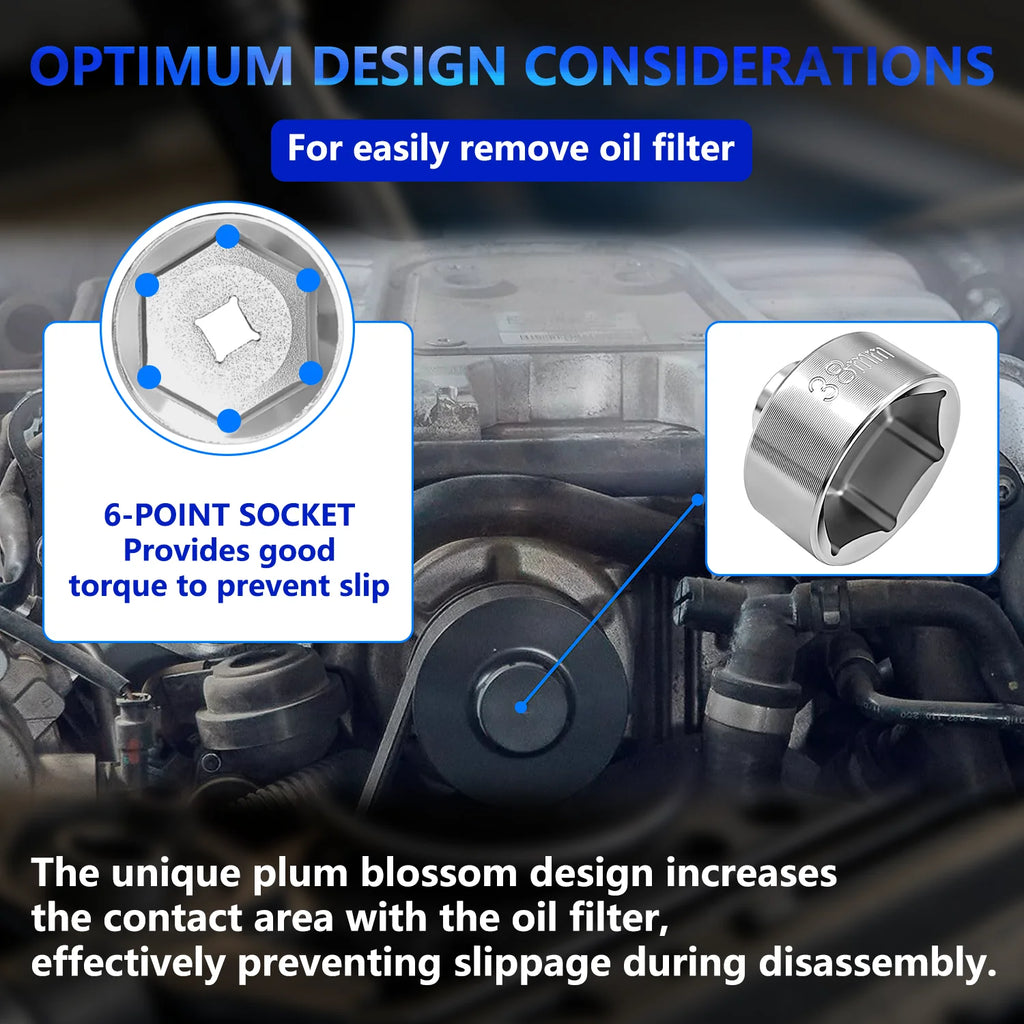 Oil filter cap socket design close-up with 6-point drive diagram over an engine background | Wrench Haus