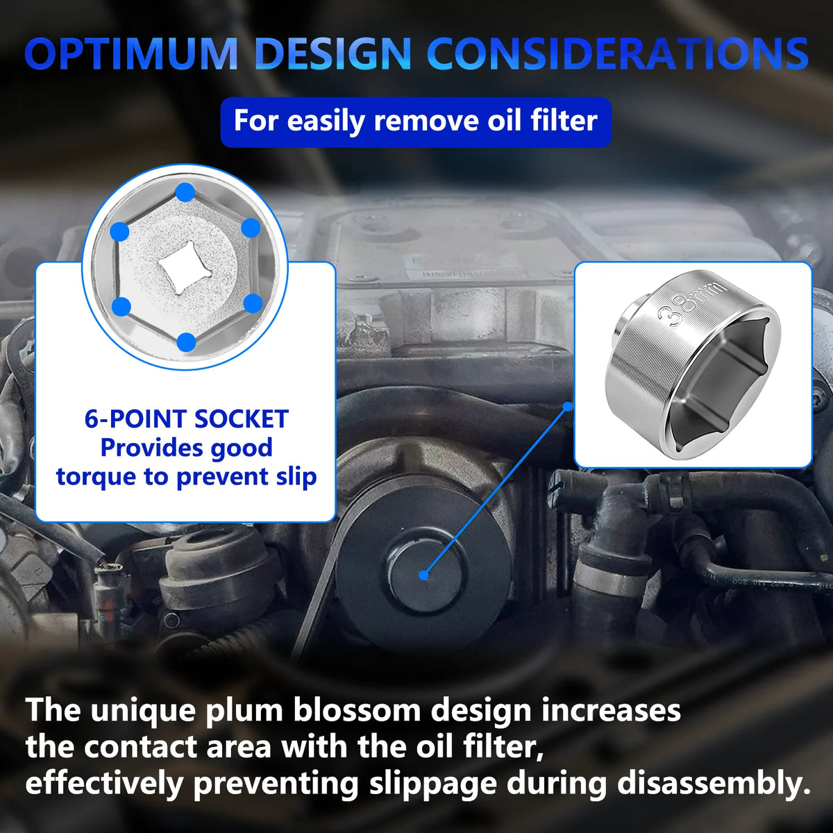 Oil filter cap socket design close-up with 6-point drive diagram over an engine background | Wrench Haus