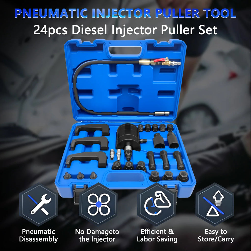 Pneumatic diesel injector puller set in case on dark background with four feature icons | Wrench Haus
