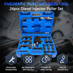 Pneumatic diesel injector puller set in case on dark background with four feature icons | Wrench Haus