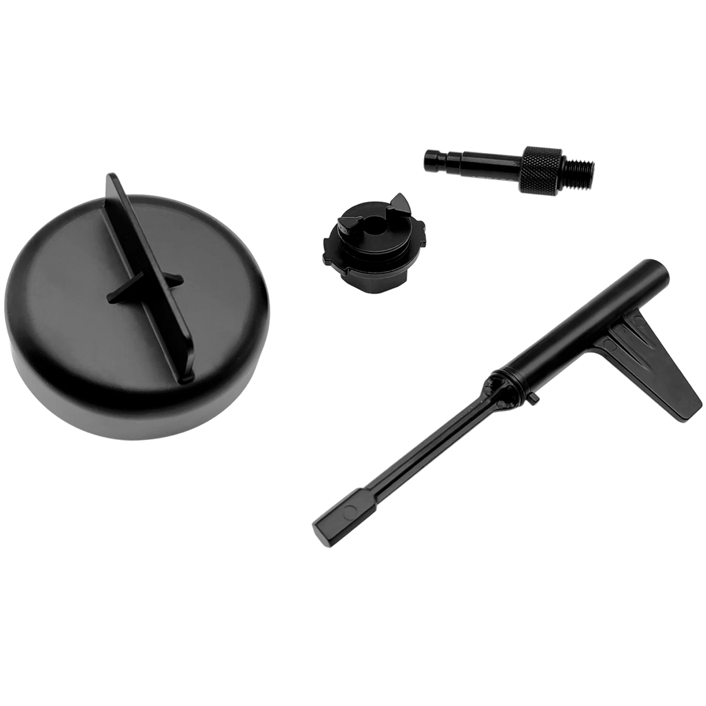 Transmission Oil Filling Tool Mercedes-Benz - All 4 components laid out including anti-drip cap and T-bar drain tool | Wrench Haus