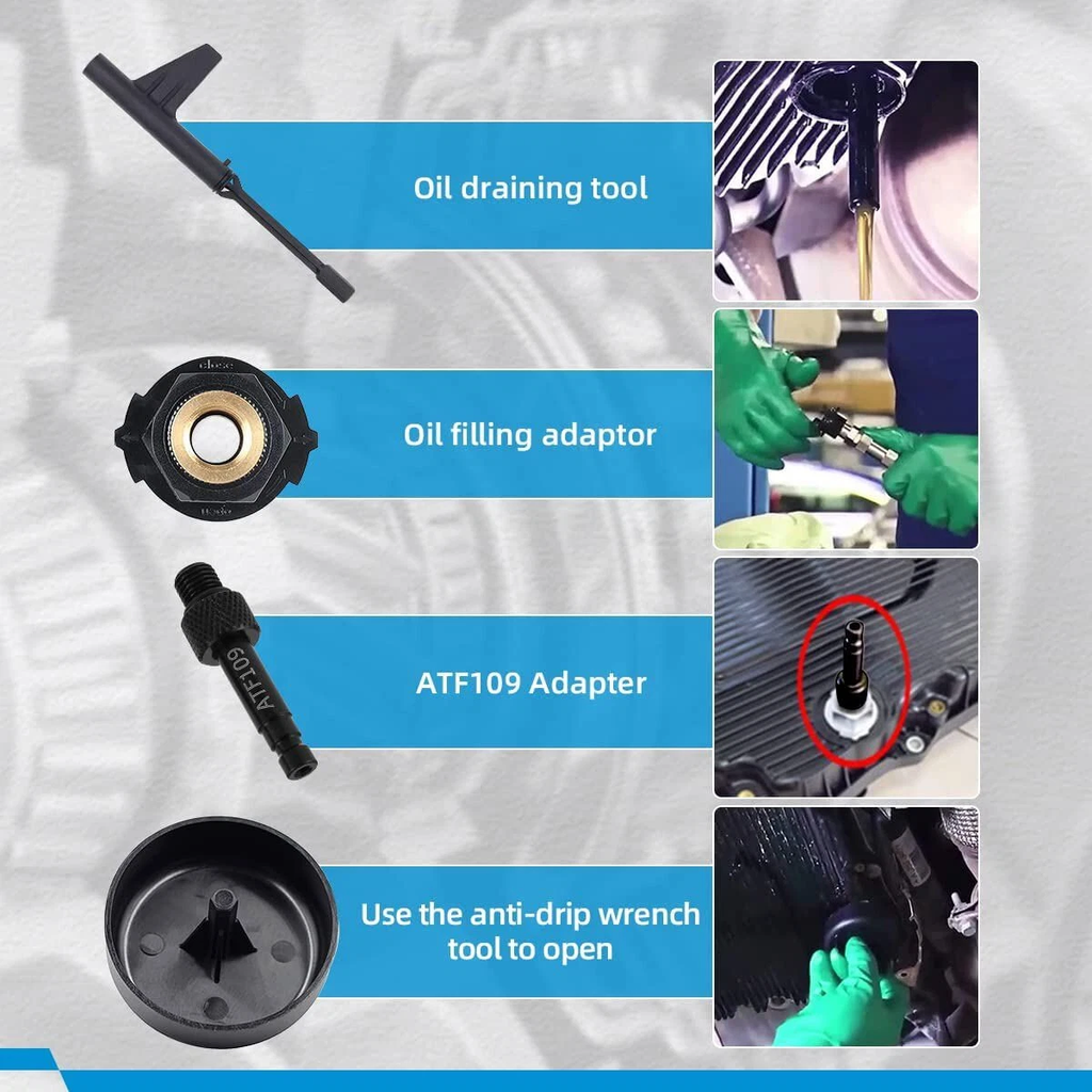 Transmission Oil Filling Tool Mercedes-Benz - Component diagram showing oil draining tool, filling adaptor, ATF109 adapter and anti-drip wrench with in-use reference photos | Wrench Haus