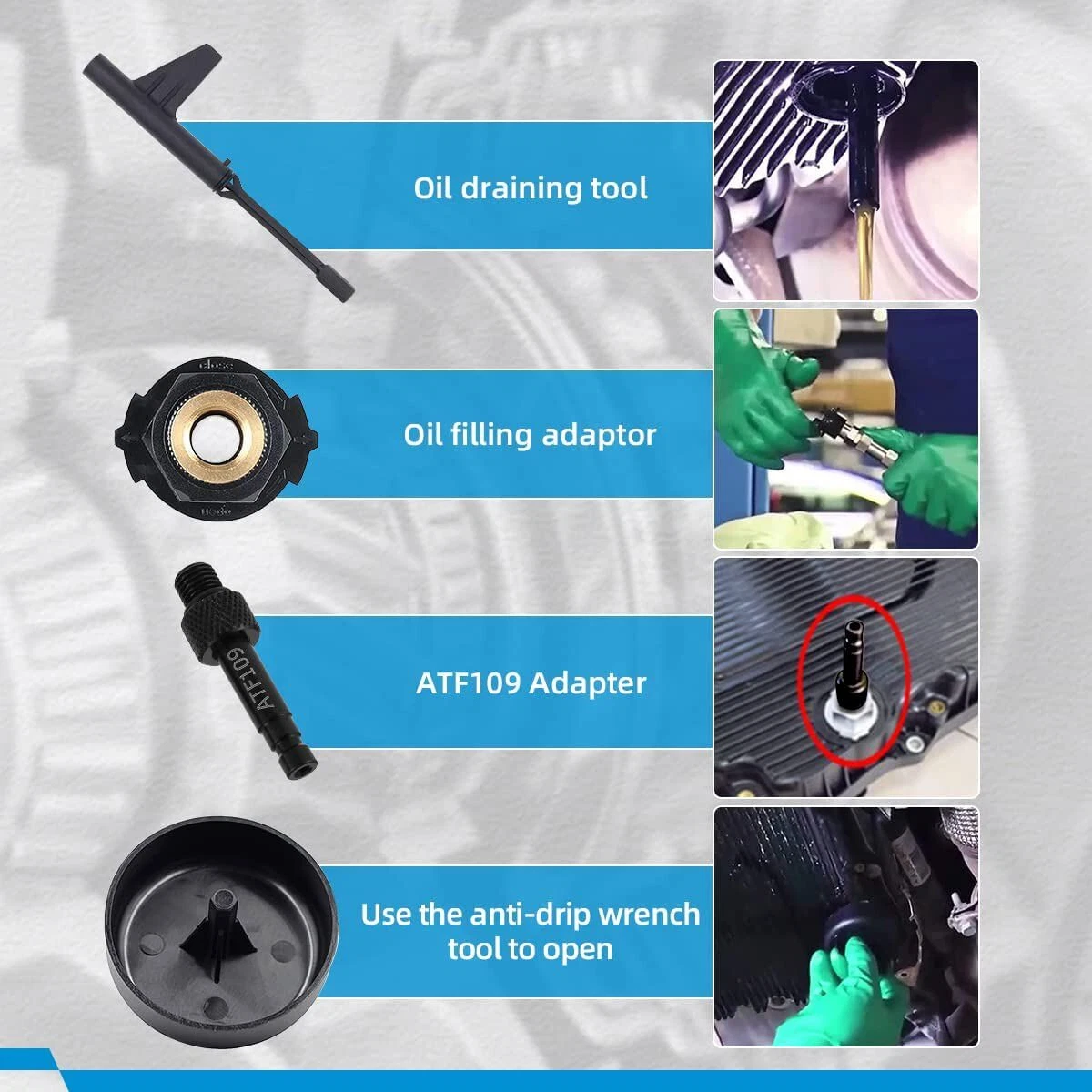 Transmission Oil Filling Tool Mercedes-Benz - Component diagram showing oil draining tool, filling adaptor, ATF109 adapter and anti-drip wrench with in-use reference photos | Wrench Haus